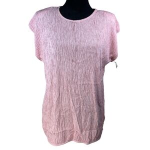 Vintage Rave Pink Crinkle Pleated Short Sleeve Top USA Size L coquette 90s Y2K